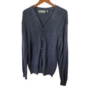 Oscar de la Renta‎ Mens Navy Blue Plaid Button Front V Neck Cardigan Sweater XL